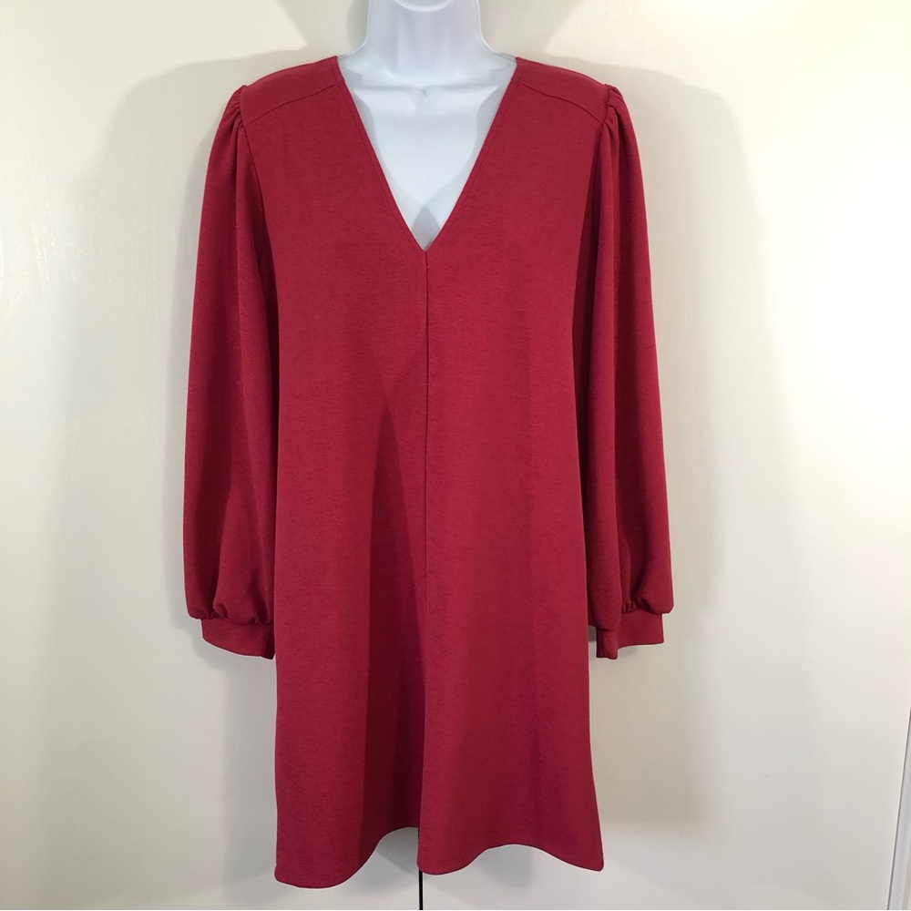 NWT- ZARA Burgundy Textured V-Neck Puff Sleeve Mini Dress. Sz L